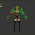 Cyber Female Character With Mechanical Arms Hoodie Outfit And Black Stockings Standing Pose