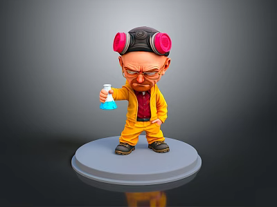 3D Cartoon Character Figurine With Pink Earmuffs Yellow Jumpsuit And Blue Beaker On Gray Base 3d model