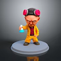 3D Cartoon Character Figurine With Pink Earmuffs Yellow Jumpsuit And Blue Beaker On Gray Base