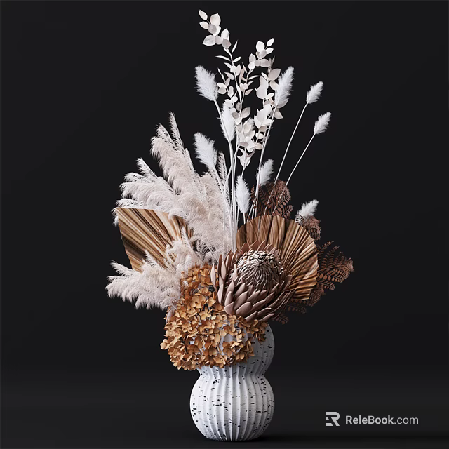 Floral Arrangement in White Woven Vase with Pampas Grass Dried Palm Leaves Brown Gold Hydrangea 3d model 