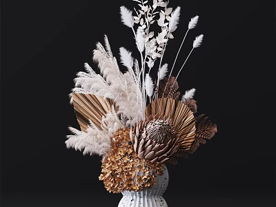 Floral Arrangement in White Woven Vase with Pampas Grass Dried Palm Leaves Brown Gold Hydrangea 3d model