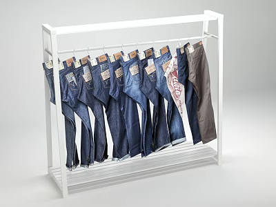 Multiple Dark Blue Jeans With Tags Hanging On Transparent Display Rack 3d model