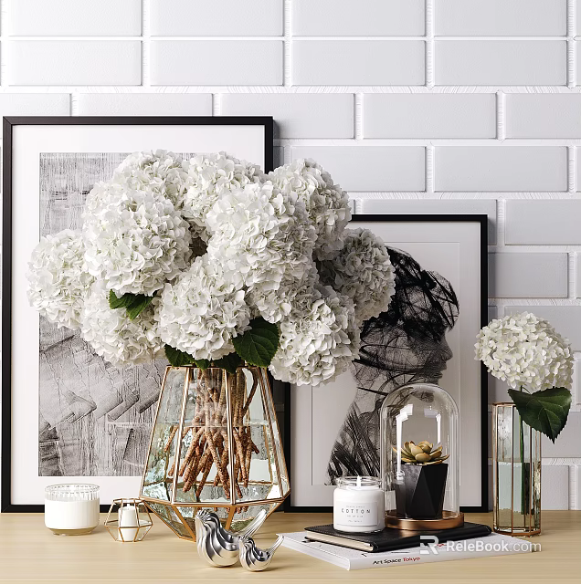 Decorative White Hydrangeas in Glass Vase with White Brick Wall and Framed Artwork 3d model 
