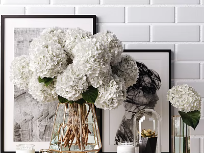 Decorative White Hydrangeas in Glass Vase with White Brick Wall and Framed Artwork 3d model