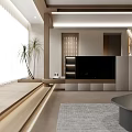 Elegant Office Interior Design With Grille Screen Circular Light White Statue And Green Plant