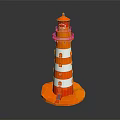 Colorful Striped Lighthouse Tower With Red Top And Base On Black Background