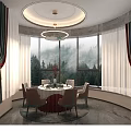 Elegant Private Dining Room With Round Table Large Windows Overlooking Misty Mountain View And Curtains 3d model