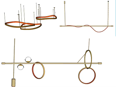 Contemporary Pendant Chandeliers Featuring Circular Rings Linear Bars And Orange Red Accents 3d model