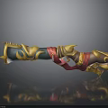 Decorative Fantasy Weapon with Golden Blue Red Ornate Design Spiked Details and Intricate Patterns
