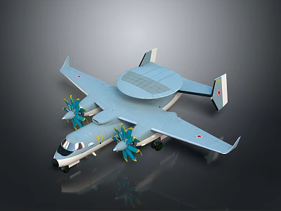 Light Blue Military Aircraft with Twin Propellers Radar Dome and Red Wing Markings 3d model