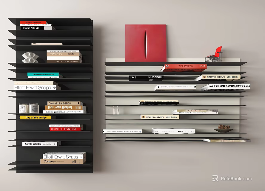 Black Wall Mounted Bookshelves with Layered Books and Decorative Items 3d model 