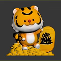 Decorative Ornament Set With Yellow Smiling Tiger Toy And Treasure Ornament On Pile Of Coins