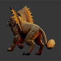 Winged Lion Mythical Creature Standing With Fiery Orange Wings Golden Mane And Muscular Build