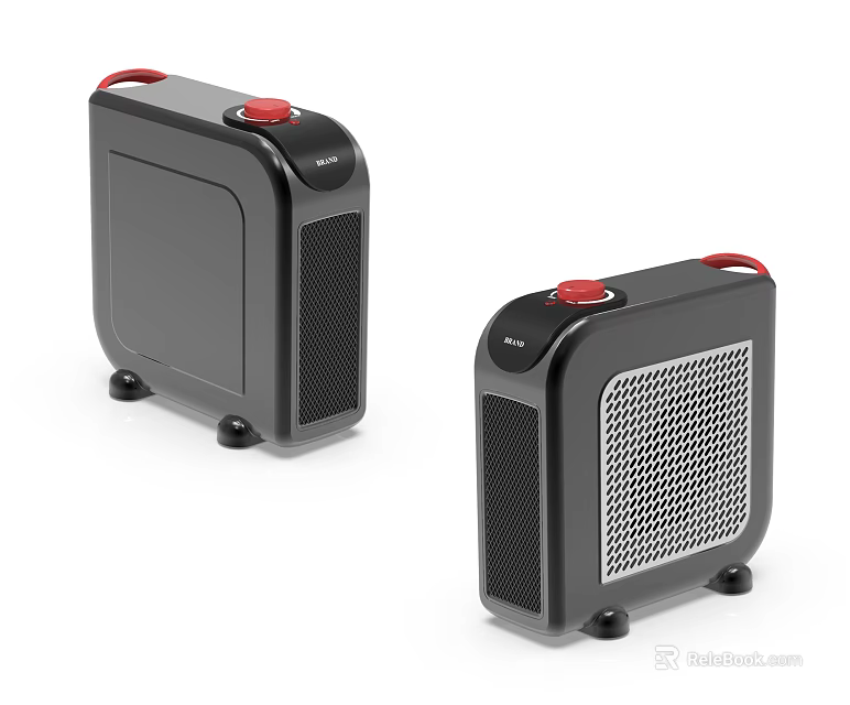 Black Electric Heaters With Red Knobs Red Handles Bottom Wheels And Mesh Grilles 3d model 