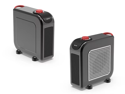 Black Electric Heaters With Red Knobs Red Handles Bottom Wheels And Mesh Grilles 3d model
