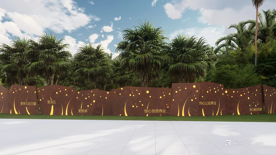 Brown Feature Wall With Golden Dots And Lines Surrounded By Palm Trees Greenery 3d model
