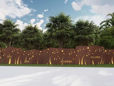 Brown Feature Wall With Golden Dots And Lines Surrounded By Palm Trees Greenery 3d model