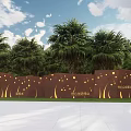 Brown Feature Wall With Golden Dots And Lines Surrounded By Palm Trees Greenery 3d model