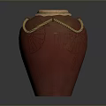 Carved Red Pottery Jar Sculpture With Rope Decoration And Light Colored Lid