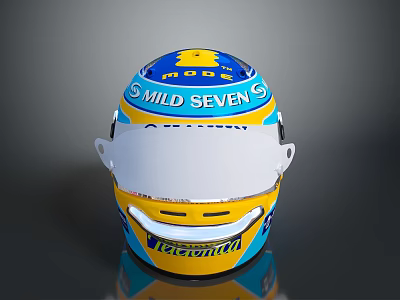 Car Racing Helmet Featuring Blue Yellow White Design Mild Seven Telemma Details 3d model