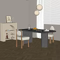 Modern Dining Table Set With Dark Wood Tabletop Light Upholstered Chairs And Pendant Lights