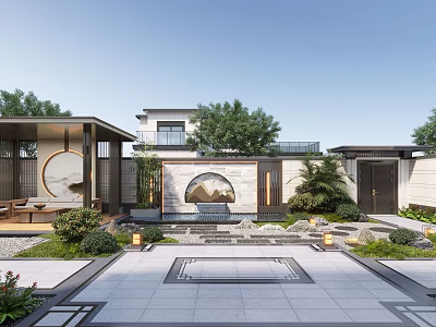 Traditional Chinese Courtyard Garden Design With Circular Archway Stone Pavement And Water Feature 3d model