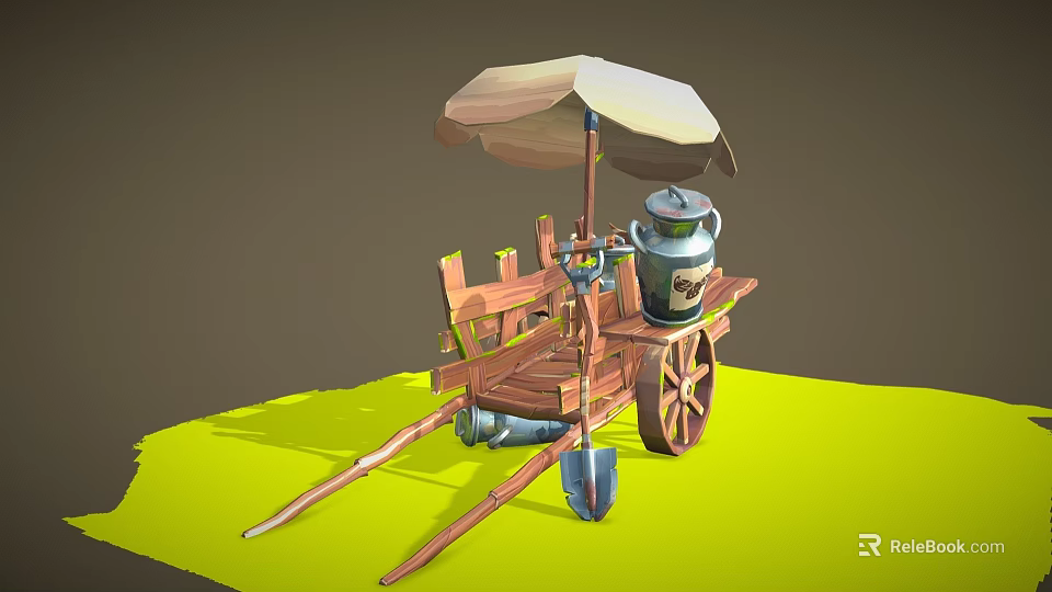 Rustic Wooden Cart Featuring Umbrella Milk Can Shovel And Wooden Wheel 3d model 
