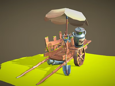 Rustic Wooden Cart Featuring Umbrella Milk Can Shovel And Wooden Wheel 3d model
