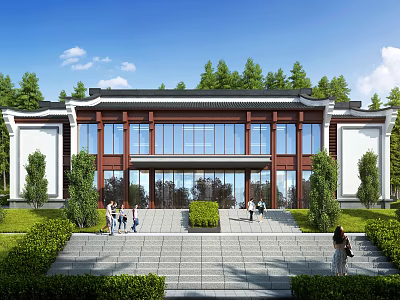 Traditional Chinese Building Exterior With Glass Windows Greenery And People 3d model