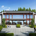 Traditional Chinese Building Exterior With Glass Windows Greenery And People