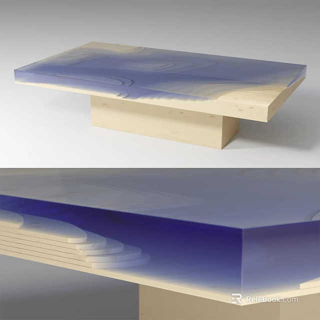 Modern Coffee Table With Blue Transparent Top And Light Wooden Base 3d model 