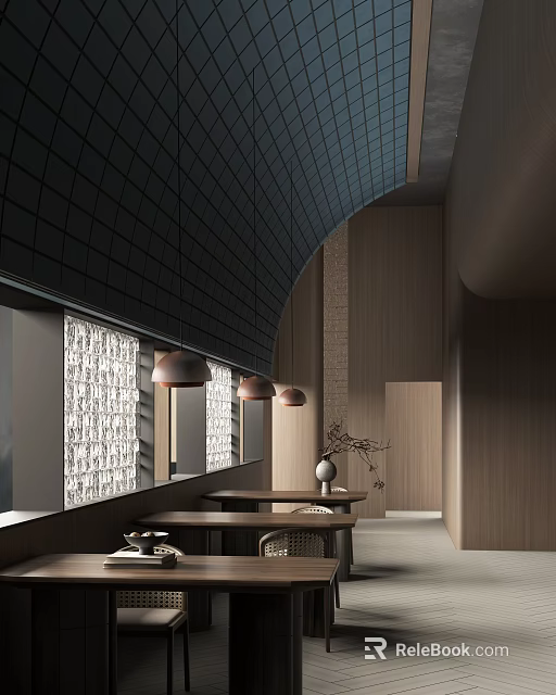 Modern Restaurant Interior With Curved Black Tiled Ceiling Wooden Walls And Brass Pendant Lights 3d model 