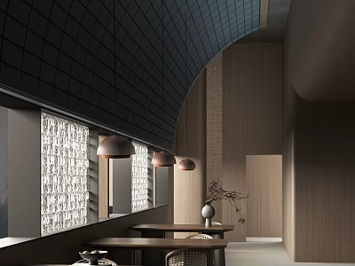 Modern Restaurant Interior With Curved Black Tiled Ceiling Wooden Walls And Brass Pendant Lights 3d model