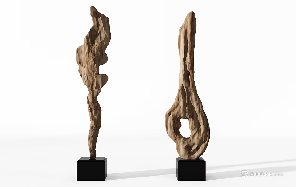 Wooden Decorative Ornament Set With Irregular Shape And Black Square Base For Home Accent 3d model 