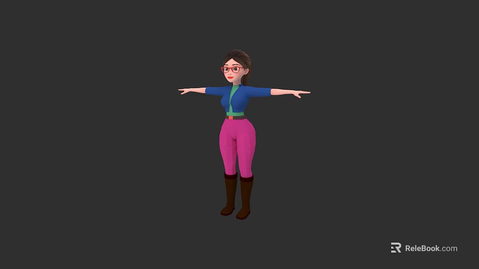 A Woman Wearing Glasses Blue Top Green Belt Pink Pants Brown Boots With Arms Outstretched 3d model 