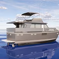 Gray Modern Yacht With Upper Deck And Windows Sailing On Blue Sea