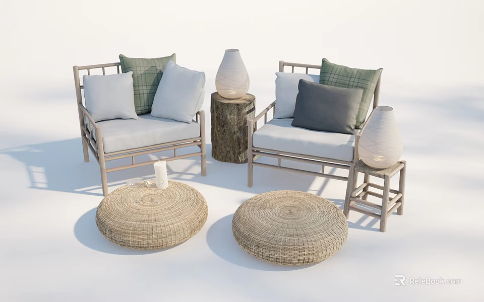 Relaxing Casual Sofa Set With Wooden Frame Light Colored Cushions Throw Pillows Rattan Stools And Table 3d model 