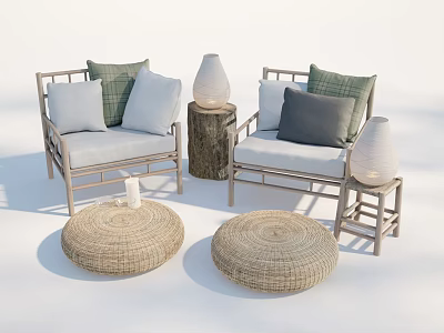 Relaxing Casual Sofa Set With Wooden Frame Light Colored Cushions Throw Pillows Rattan Stools And Table 3d model