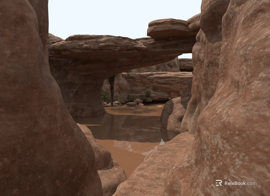 Stunning Red Rock Natural Arch Landscape with Serene Pond and Rocky Cliffs 3d model 