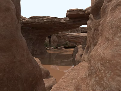 Stunning Red Rock Natural Arch Landscape with Serene Pond and Rocky Cliffs 3d model