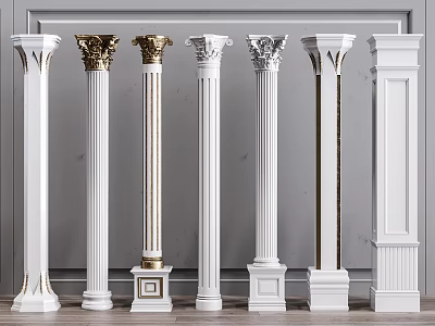 White And Gold Decorative Roman Columns In Various Classical Styles 3d model