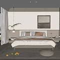 Minimalist Bedroom Interior With Wooden Headboard Wall Art Floor to Ceiling Window And Potted Plant