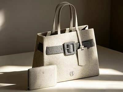 Beige Felt Handbag With Double Handles Black Buckle And Matching Wallet 3d model