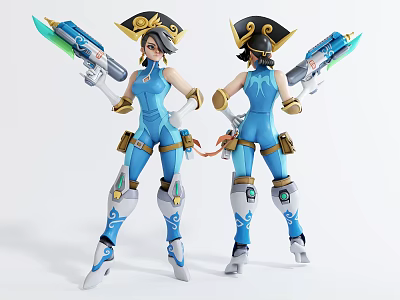 Game Character Design With Blue Outfit Pirate Style Hat And Glowing Weapon 3d model