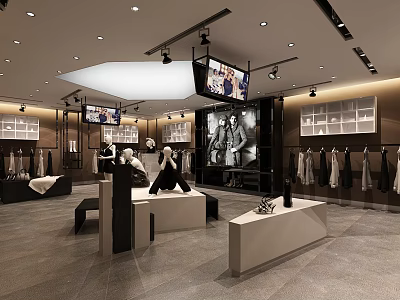 Modern Fashion Retail Store Interior With Clothes Racks Mannequins And Display Tables 3d model