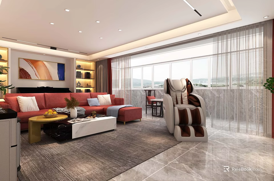 Spacious Living and Dining Room Interior With Red Sofa Coffee Table Large Windows and Bookshelf 3d model 