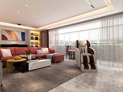 Spacious Living and Dining Room Interior With Red Sofa Coffee Table Large Windows and Bookshelf 3d model