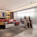 Spacious Living and Dining Room Interior With Red Sofa Coffee Table Large Windows and Bookshelf