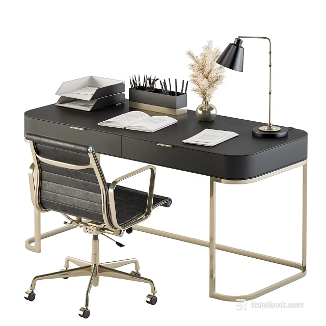 Black Office Desk Metal Frame Leather Chair Open Notebook Pen Holder Table Lamp Dried Plant 3d model 