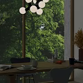 Cozy Restaurant Dining Area With Wooden Table Setting Large Windows Green Trees Outside And Chandelier